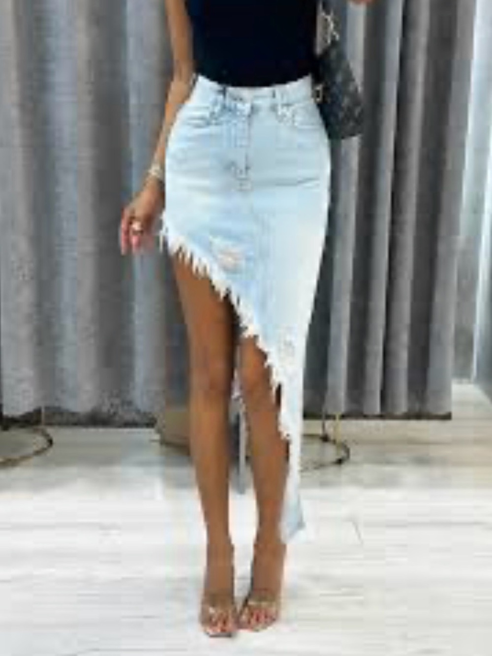 💙 NELLIE Asymmetric Distressed Light Blue Denim Skirt